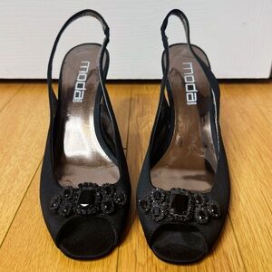 Moda Spana Black Satin Bejeweled Heels